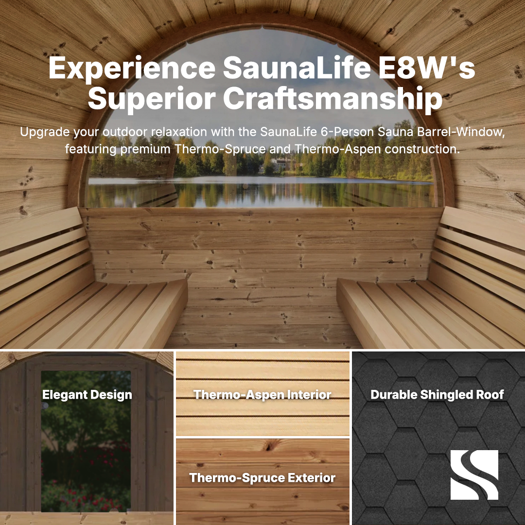 SaunaLife ERGO Series E8W | 6 Person Outdoor Barrel Sauna with Window