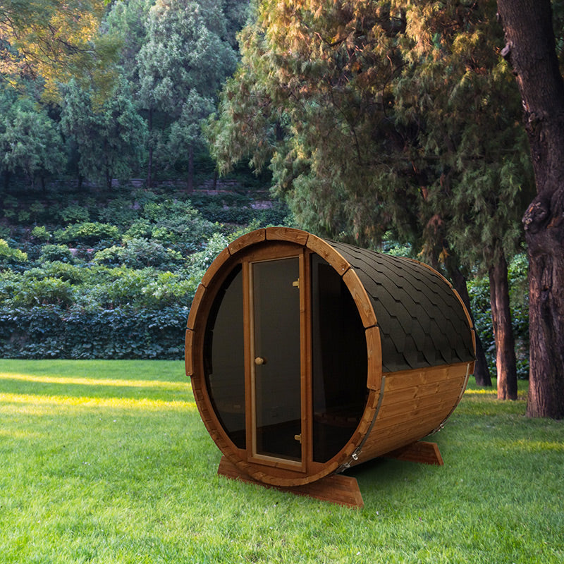 SaunaLife ERGO Series E7G | 4 Person Outdoor Barrel Sauna with Full Glass Front