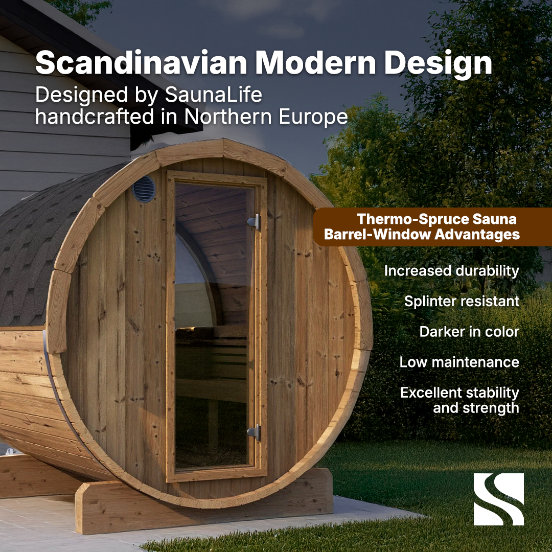 SaunaLife ERGO Series E7W | 4 Person Outdoor Barrel Sauna with Window
