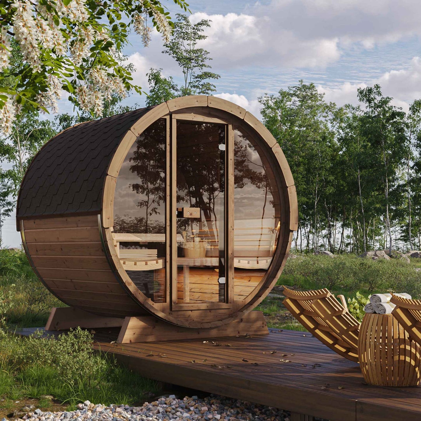 SaunaLife ERGO Series E7W | 4 Person Outdoor Barrel Sauna with Window